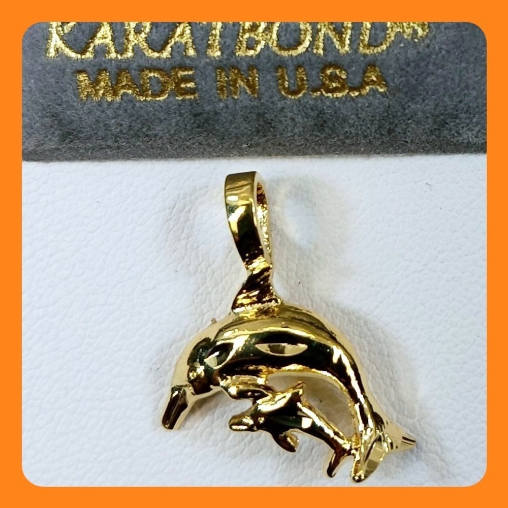 Vintage Y2K Karatbond Gold Mother Baby Dolphin Necklace Pendant New Made in USA